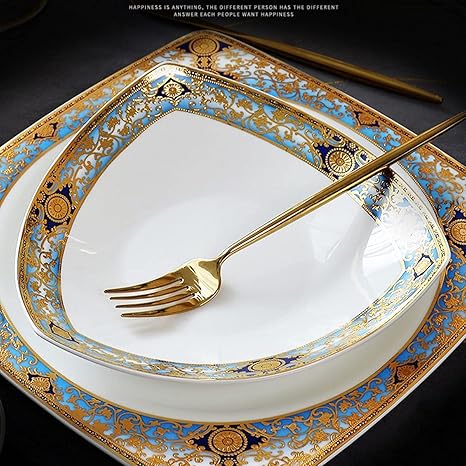 80 Piece Bone China Tableware Set for 10 People, European Style Embossed Gold Pattern Dinnerware Set with Bowls and Plates