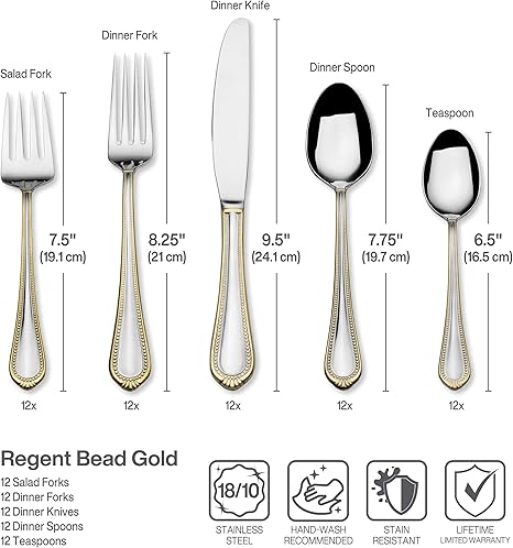 Mikasa, Gold Accent Regent Bead Flatware Service for 12, 65 Piece Set, 18/10 Stainless Steel, Silverware Set with Serving Utensils