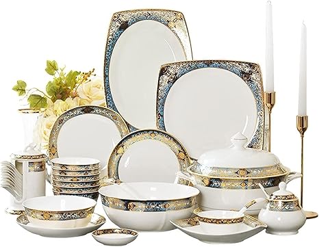 80 Piece Bone China Tableware Set for 10 People, European Style Embossed Gold Pattern Dinnerware Set with Bowls and Plates
