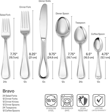Mikasa Bravo 101 Piece Silverware Set, 18/10 Stainless Steel Flatware Service for 12, Includes 5 Piece Serving Set and 12 Extra Coffee Spoons