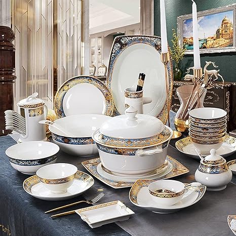 80 Piece Bone China Tableware Set for 10 People, European Style Embossed Gold Pattern Dinnerware Set with Bowls and Plates