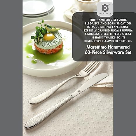 Hammered Silverware Set | Premium 18/10 Stainless Steel Flatware Service for 12 | Heavy-Duty & Dishwasher Safe | Built to Last (60-Piece, Marettimo Hammered)