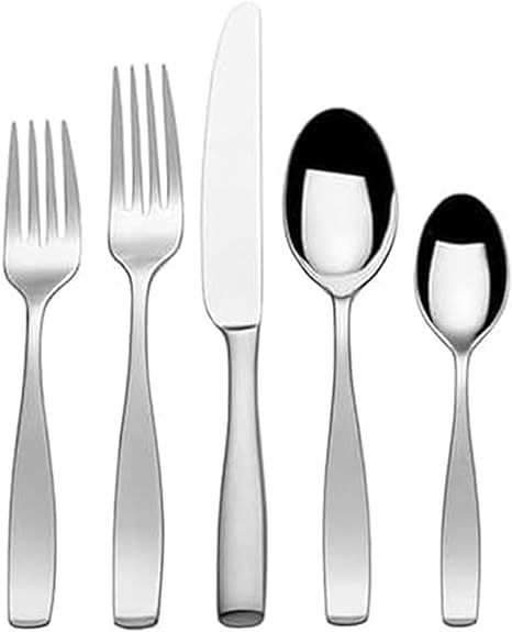 Mikasa Satin Loft 65-Piece Flatware Set for 12, 18/10 Stainless Steel Silverware with Forks, Knives, Spoons, and Serving Utensils, Durable and Elegant Design