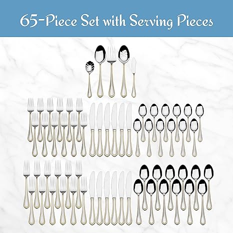 Mikasa, Gold Accent Regent Bead Flatware Service for 12, 65 Piece Set, 18/10 Stainless Steel, Silverware Set with Serving Utensils